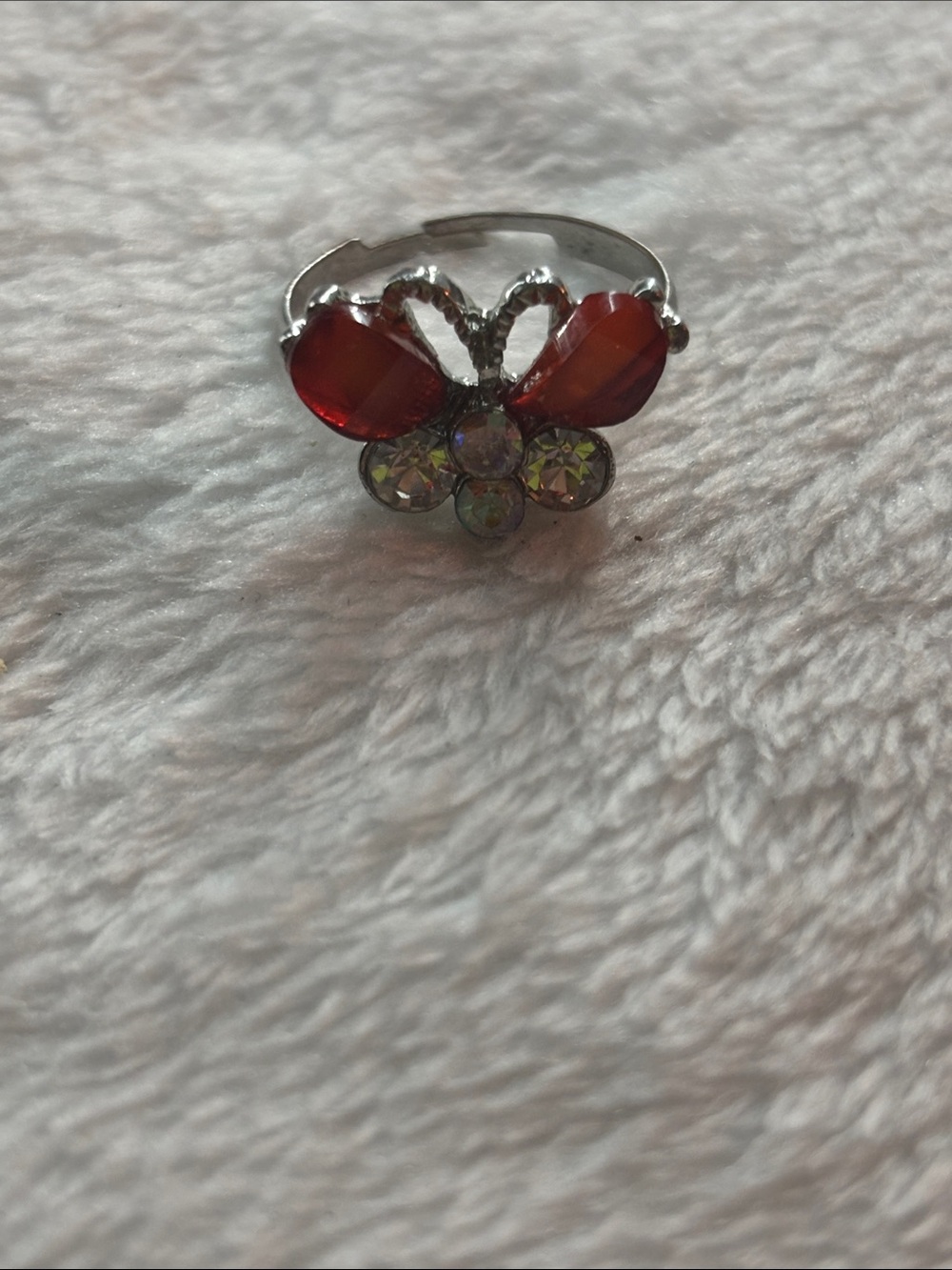 Silver Butterfly Ring with Red and Iridescent Stones adjustable